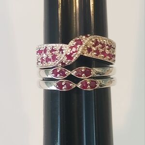 Three Silver and Ruby Stackable Rings